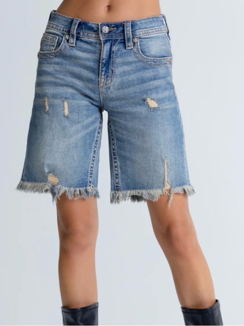 Miss Me Light Blue  Frayed Hem Denim Bermuda Shorts